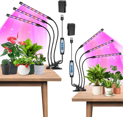 Garpsen Led Grow Light, 2PCS 3 Heads Full Spectrum Clip Plant Light for Indoor Plants, 120 LEDs Grow Lights, with 3 Switch Modes & Auto ON/Off 6/12/16H Timer, 5 Dimmable Levels (Red Blue Warm White)
