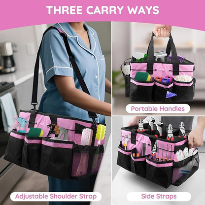 ZKOO Large Cleaning Caddy Bag with Handle, Built-in Sturdy Support Board, Adjustable Shoulder Strap, Multi-compartment Design Cleaning Supply Tote for Cleaners & Housekeepers (Pink)