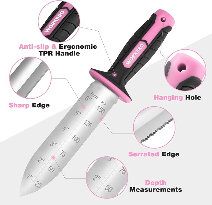 WORKPRO Hori Hori Garden Knife, 7" Stainless Steel Blade with Cutting Edge, Garden Tools with Oxford Sheath, Ergonomic TRP Handle with Hanging Hole for Weeding, Planting, Digging, Pink Ribbon