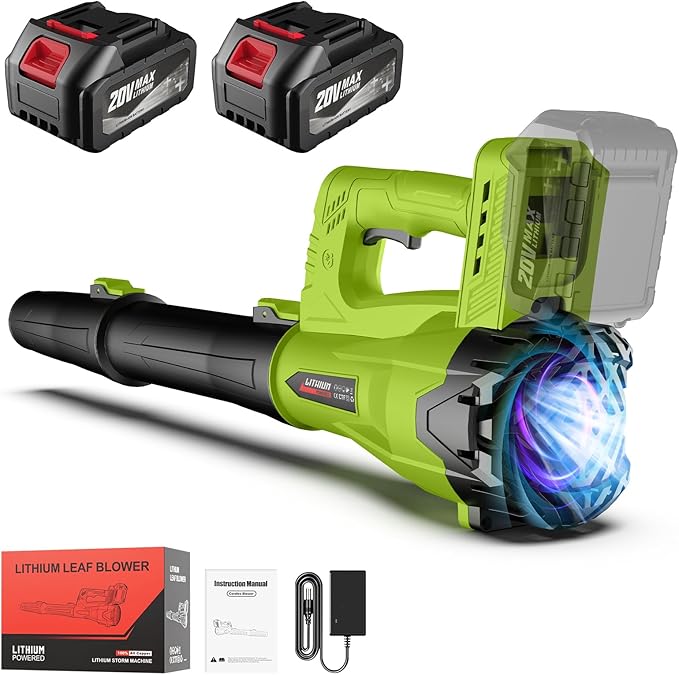 Leaf Blower Cordless with 2 x 4.0 Ah Battery and Charger, 160MPH/580CFM High Power Lightweight Handheld Electric Leaf Blowers with 2 Extended Tubes for Lawn, Yard, Leaves, Dust, Snow Care (Green)