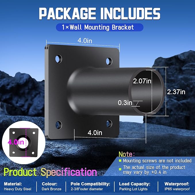 Wall Mount Tenon Bracket for Slip Fit Parking lot Lights (2 3/8inch), 4in Straight Mounting Arm Square Base for Shoebox Street Floodlight Pole Light Solid Rustproof