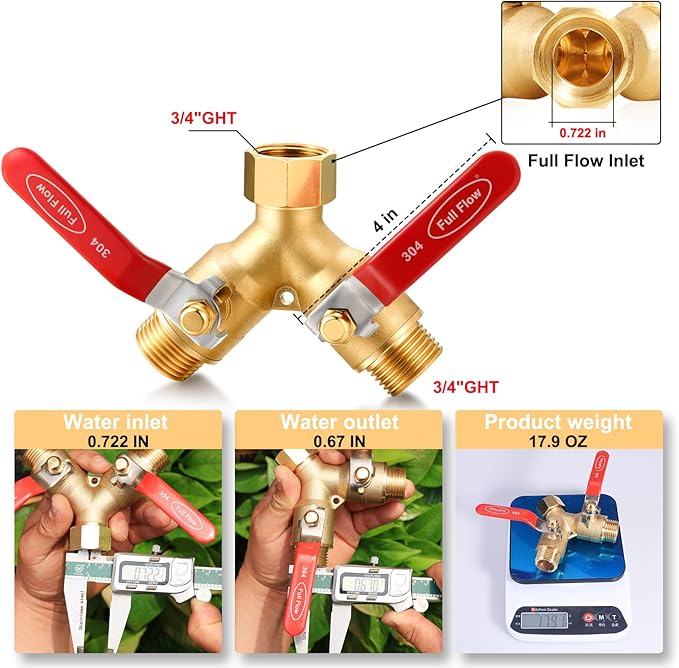 Garden Hose Splitter Full Flow Splitter No Restricted-Flow Connector Heavy Duty Brass Hose y Splitter, 2 way High Flow Hose Bib Adapter with Shut Off Valves (Long Handle)