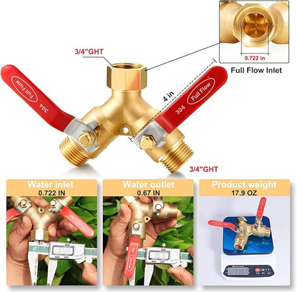 Garden Hose Splitter Full Flow Splitter No Restricted-Flow Connector Heavy Duty Brass Hose y Splitter, 2 way High Flow Hose Bib Adapter with Shut Off Valves (Long Handle)