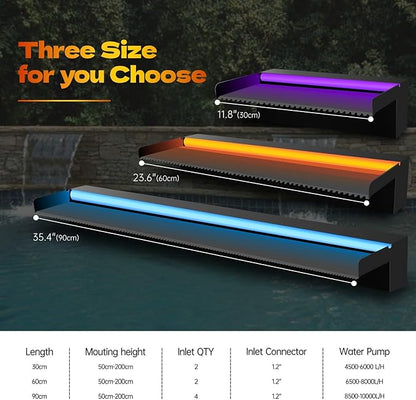 Pool Waterfall Spillway Stainless Steel Pond Fountain, APP Control Colorful LED Lighted Outdoor Black Fountains, Water Flow Spillways Kit for Koi Pond, Swimming Pool, Garden-23.6"x7.8"x3.9"