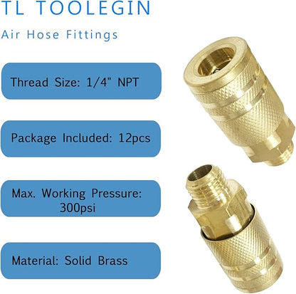 Air Hose Fittings 1/4" Male NPT Solid Brass Air Coupler Kit,12 Pieces Quick Connect Air Compressor Accessories 300 Psi