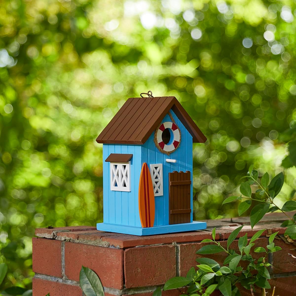 Glitzhome Blue Bird Houses for Outdoors, 10" H Modern Solid Wood Cottage Hand Painted Hanging Bird House Beach Hut Decorative Pet Cottage Outdoor Garden Birdhouse for Wren Finch Cardinals,Blue