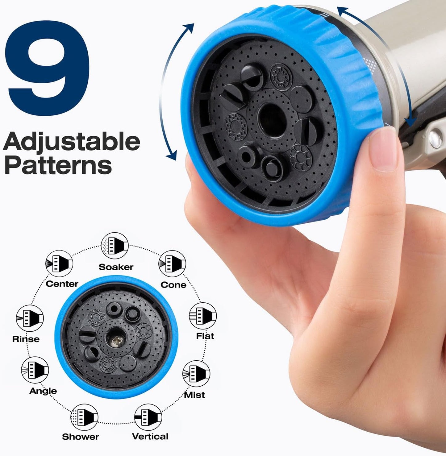 Garden Hose Nozzle - Heavy Duty Metal Water Hose Nozzle, High Pressure Water Nozzle with 9 Adjustable Spray Patterns for Watering Plants, Lawn, Washing Cars, Cleaning & Showering Pets