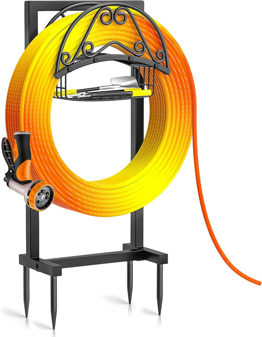 Garden Hose Holder, 4 Spikes Freestanding Water Hose Holder Reels, Heavy Duty Detachable Hose Stand with Storage Basket for Outside Yard Lawn (B-4 Spikes)