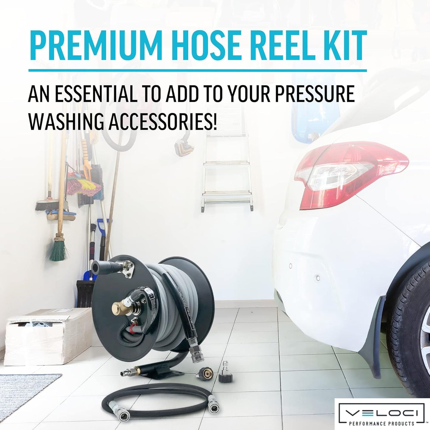 MTM Hydro Pressure Washer Hose Reel Kit, Metal Heavy-Duty Hand Crank Wall Mounted, Commercial Grade with Kobrajet Non-Marking Gray Hose High Pressure 3/8” 4000 PSI 50’ Commercial Grade