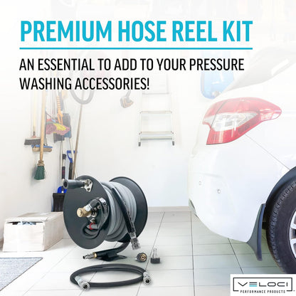 MTM Hydro Pressure Washer Hose Reel Kit, Metal Heavy-Duty Hand Crank Wall Mounted, Commercial Grade with Kobrajet Non-Marking Gray Hose High Pressure 3/8” 4000 PSI 50’ Commercial Grade