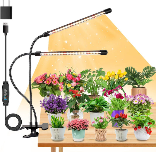 Full Spectrum Dual Heads Clip Grow Lights for Indoor Plants with 3/9/12H Timer Dimmer and 10 feet Cables for Plant Growing(Adapter Included)
