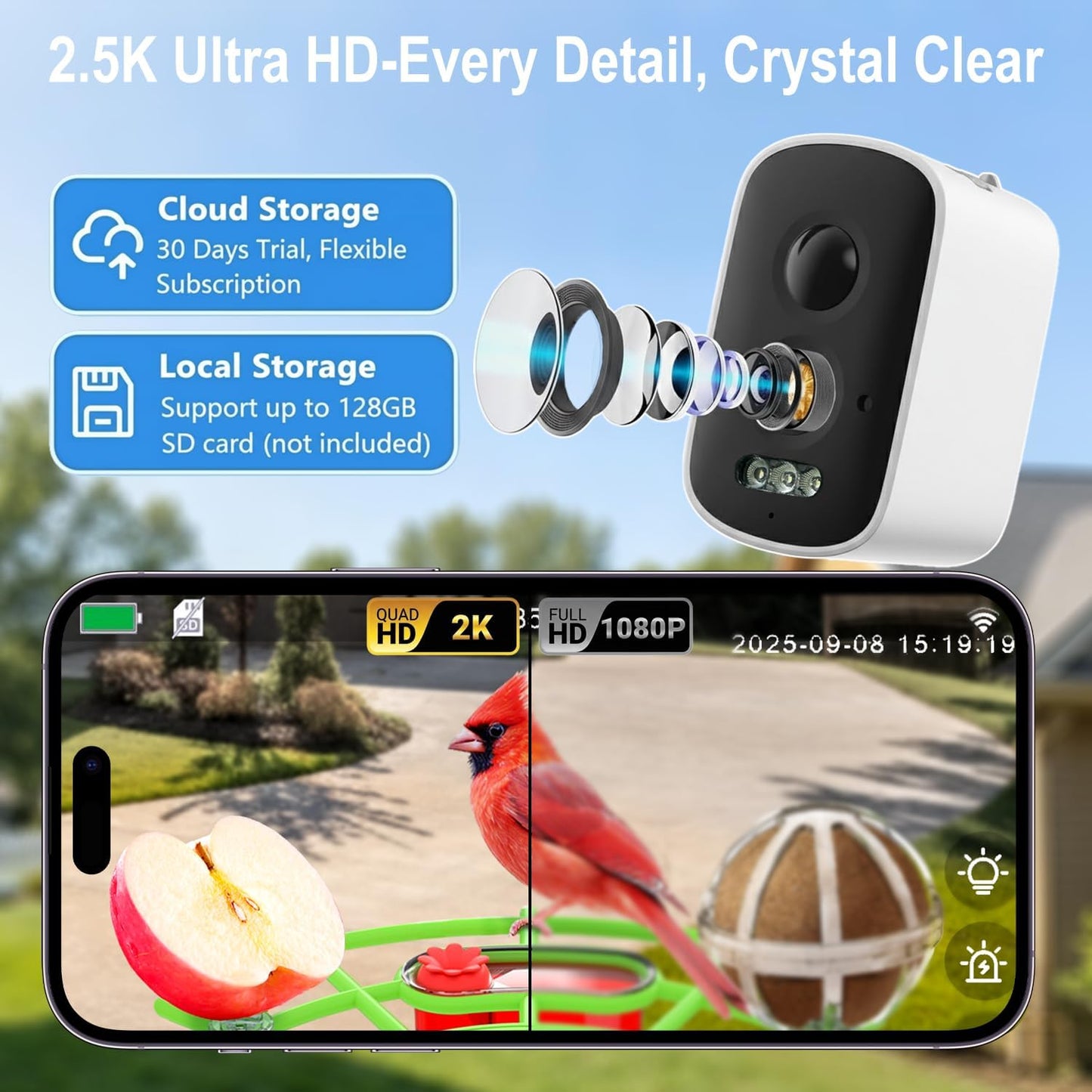 Smart Bird Feeder with Camera – 2K Live View, AI Bird Recognition, Squirrel-Proof, Dual Solar Roof, 5dB Antenna, Instant Alerts for Nature & Wildlife Lovers, Green