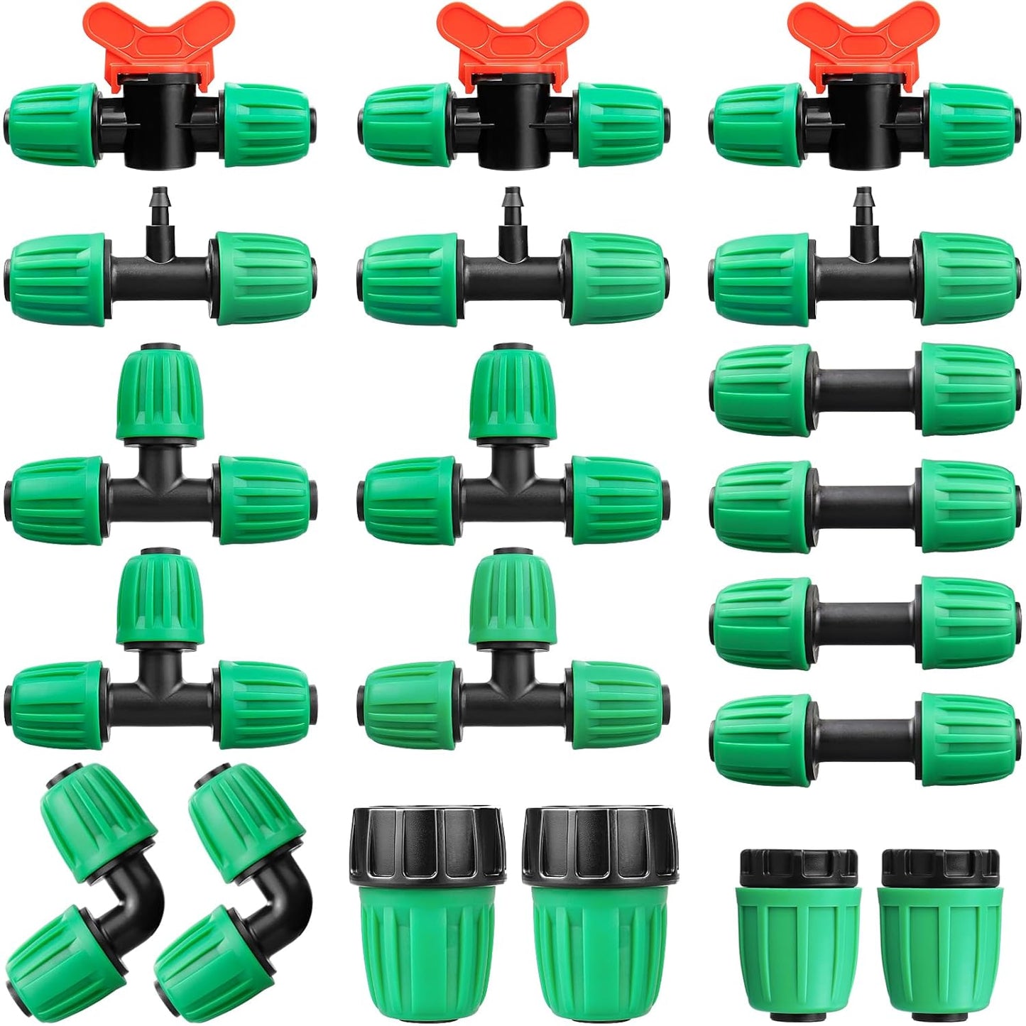 20 Pieces Drip Irrigation Fittings for 1/2 Inch Drip Tubing (1/2" ID x 0.65" OD)：1/2'' Irrigation Tubing Connectors Including Couplings Tees Elbows Valves Reducing Tee Plugs 3/4" Adapters