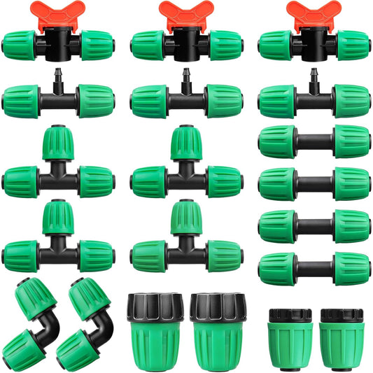 20 Pieces Drip Irrigation Fittings for 1/2 Inch Drip Tubing (1/2" ID x 0.65" OD)：1/2'' Irrigation Tubing Connectors Including Couplings Tees Elbows Valves Reducing Tee Plugs 3/4" Adapters