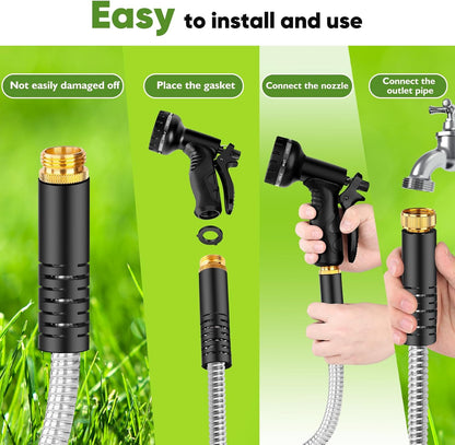 Garden Hose Metal 150FT, Stainless Steel Heavy Duty Water Hose With 10 Function Nozzle, No-Kink, Tough & Flexible, Sturdy and Lightweight, Rust Proof for Yard, Outdoor, RV
