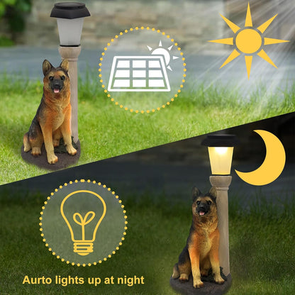Solar Dog Garden Statues with Lantern, Resin German Shepherd Sculpture with Warm White Light for Outside Lawn Porch Patio