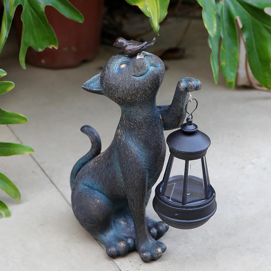 Outdoor Cat Statues Solar Garden Decor : Cat Figurine with Bird Decor,Unique Garden Art for Porch Patio Balcony Yard Lawn Ornaments - Birthday Housewarming Gifts for Grandma Mom Women