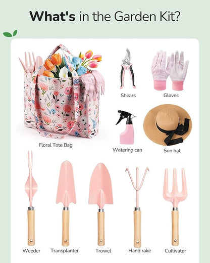 Gardening Tools, 10-Piece Gardening Gift Set for Women, Rust-Proof & Heavy-Duty Tools with Floral Organizer Bag, Fashionable & Thoughtful Gift for Garden Women (Pink Red)