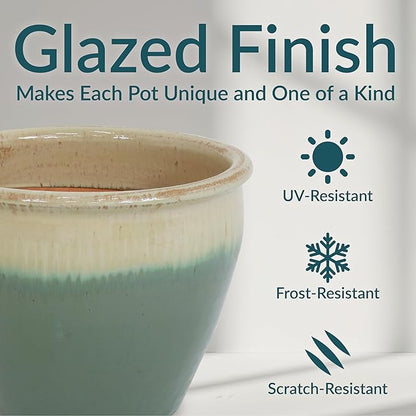 Sunnydaze Large Ceramic Plant Pot - Round Outdoor Glazed Ceramic Planter Pot with Drainage - Chalet - Seafoam - 14.5"