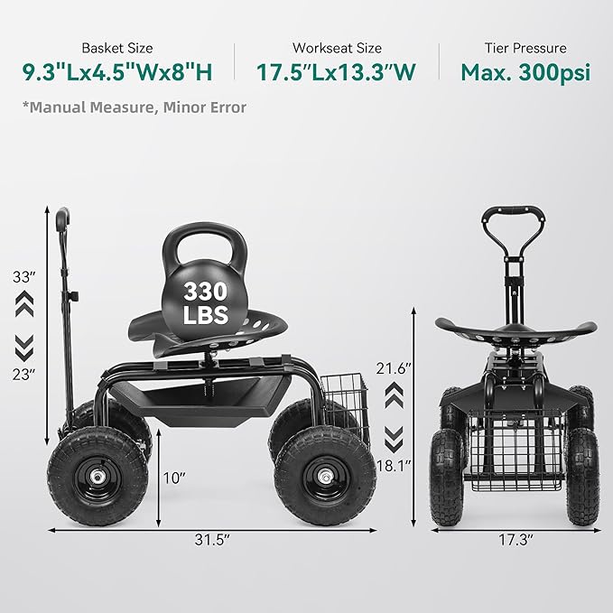 Rolling Garden Cart with 360° Swivel Work Seat, Adjustable Height, 10" Pneumatic Tires, Tool Tray & Storage Basket, Extendable Handle, Reduces Back & Spine Strain