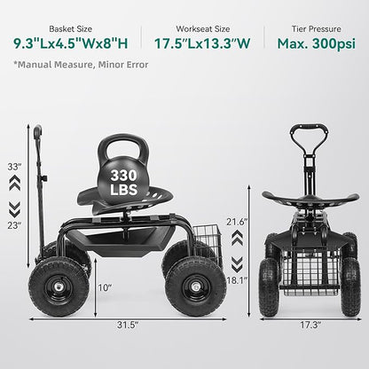 Rolling Garden Cart with 360° Swivel Work Seat, Adjustable Height, 10" Pneumatic Tires, Tool Tray & Storage Basket, Extendable Handle, Reduces Back & Spine Strain