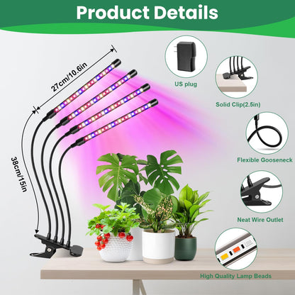 Garpsen Grow Light, 80 LEDs Full Spectrum Plant Lights for Indoor Growing with Clip, 3 Color Modes & 5 Dimming Levels Grow Lamp with Timer 6/12/16H, 360° Adjustable Gooseneck, for Indoor Plant(2Pack)