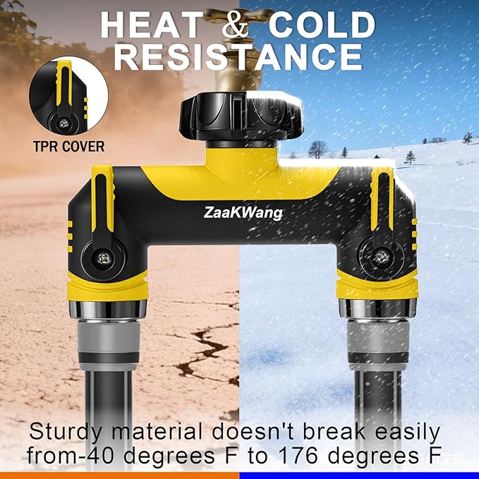 Full Flow Heavy Duty Two - Way Hose Splitter, Rugged Garden Faucet Adapter, Spout Diverter T - Way Adapter with Extended Handle, 3/4” GHT Thread, Yellow