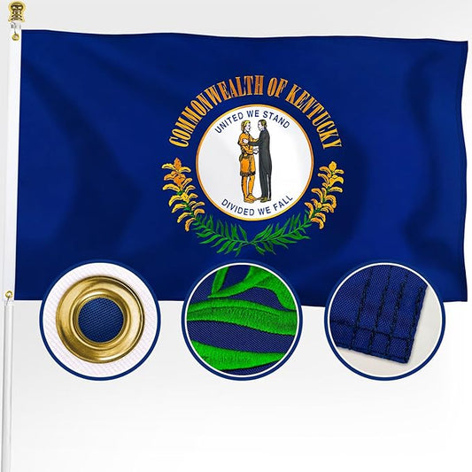 XIFAN Premium Kentucky State Flag 3x5 ft Outdoor, Double Sided Embroidered Image, Heavy Duty 210D Nylon KY Flags, the Strongest Longest Lasting for Outside with Sewn Stripes/Brass Grommets