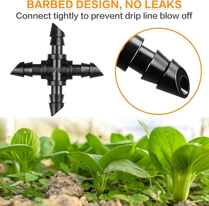 Drip Irrigation Cross Fittings: 45 Pieces Barbed 4-Way Cross Irrigation Parts with Sharp End Fits for 1/4 Inch Drip Tubing Line Tee Connectors for Garden Lawn