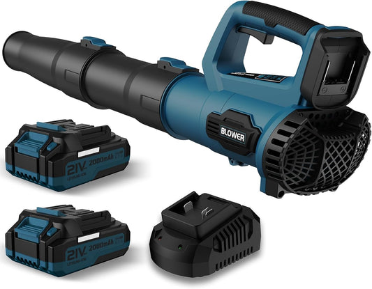 Leaf Blower, 21V Cordless Electric Blower with 2 2.0Ah Batteries and 1 Hour Fast Charger, Lightweight Leaf Blower for Patio Cleaning, Lawn Care, Blowing Fallen Leaves and Dust, etc.