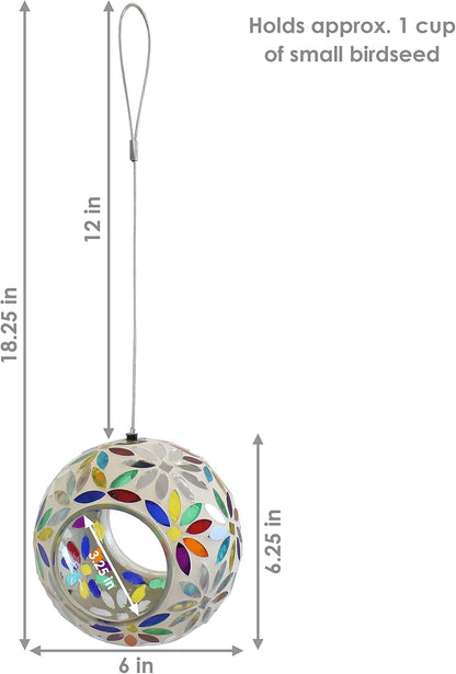 Sunnydaze 6-Inch Glass Mosaic Hanging Bird Feeder for Outdoors - Fly-Through Wild Bird Feeder - Rainbow Daisies