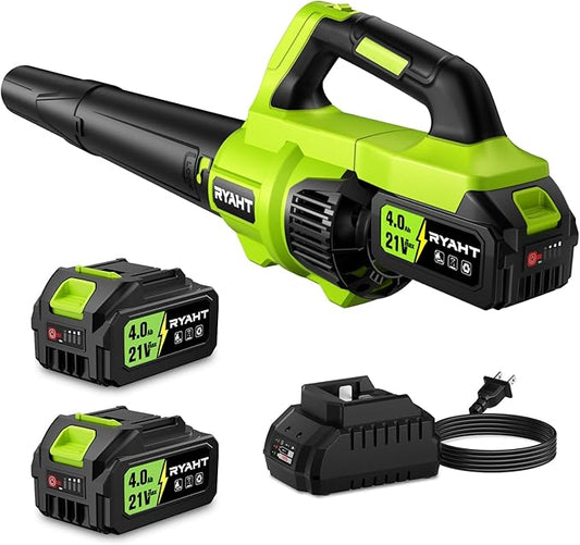 RYAHT Leaf Blower, 21V Powerful Electric Leaf Blower Cordless with 2 x 4.0Ah Batteries and Charger, 2 Speed Modes, Handheld Lightweight Leaf Blowers for Lawn Care, Patio, Garden, Dust - Green
