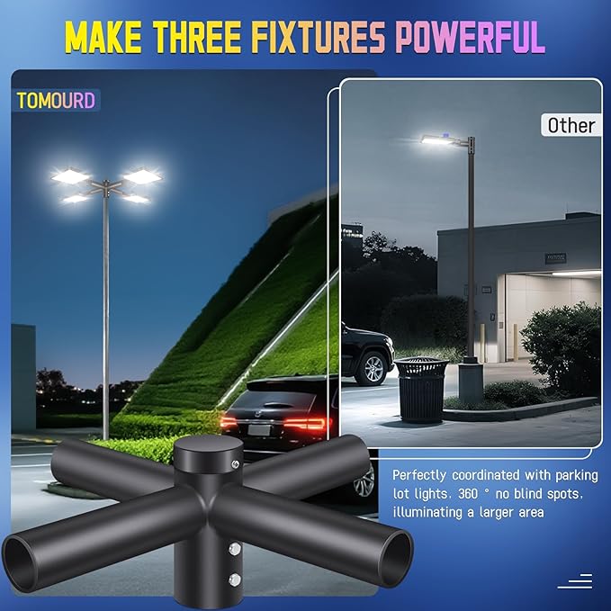 Quad 90° Mounting Bracket, with 2-3/8" 4 Light Arm Tenon Adapter Parking Lot Light Mount Horizontal Spoke Extension Bracket for Round Pole for Slip Fitter Street Floodlights Shoebox Lights