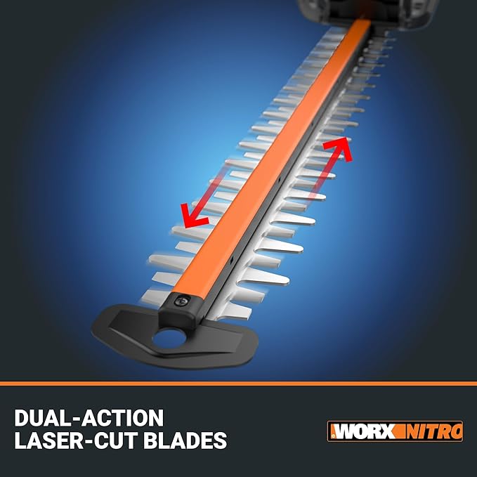 WORX Nitro WG263 22" 20V Cordless Hedge Trimmer, Electric Hedge Trimmer with Dual-Action Blades & 3400 SPM, Brushless Bush Trimmer Cuts Branches 1" Thick, Battery & Charger Included