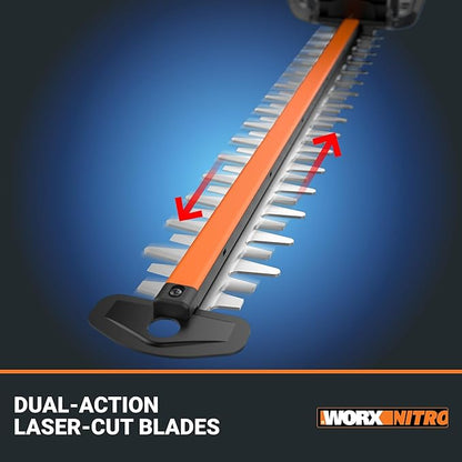 WORX Nitro WG263 22" 20V Cordless Hedge Trimmer, Electric Hedge Trimmer with Dual-Action Blades & 3400 SPM, Brushless Bush Trimmer Cuts Branches 1" Thick, Battery & Charger Included