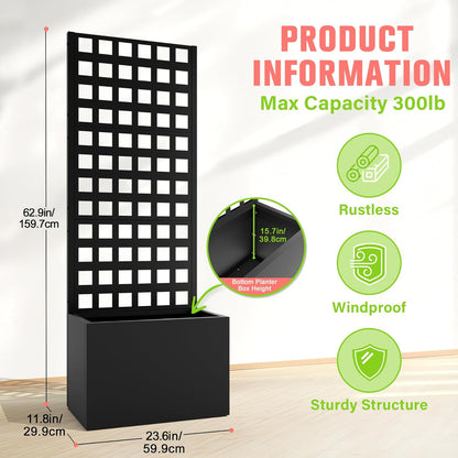 Metal Planter Box with Trellis, Raised Garder Bed with Drainage Hole, Privacy Screen & Trellis for Climbing Plants, Outdoor Plant Stands, 24''L×12''W×63''H, Black