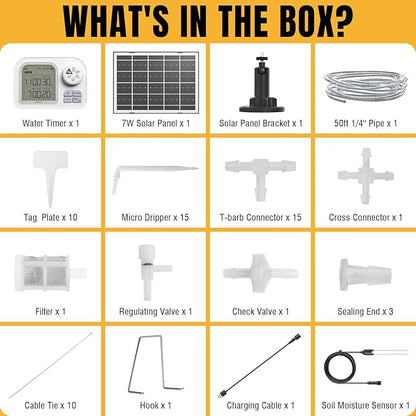 Raddy WS-7 Solar Drip Irrigation Kit with IPX7 Waterproof, Auto Watering System for 15 Potted Plants, with Auto-Soil Humidity Detection, 2600mAh Battery, Large Display for Indoor Outdoor Balcony