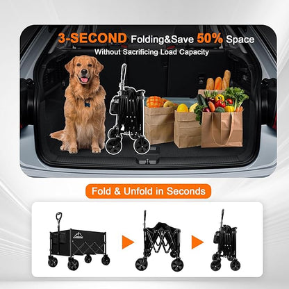 Collapsible Folding Wagon Cart, 350LBS Utility Large Capacity Cart Foldable Wagon with All Terrain Wheels, Grocery Wagons Carts for Garden Shopping Sports Camping, Black