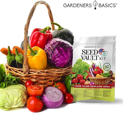 Gardeners Basics Survival Vegetable Seeds Garden Kit Over 16,000 Seeds Non-GMO and Heirloom, Great for Emergency Bugout Survival Gear 35 Varieties Seeds for Planting Vegetables 35 Free Plant Markers