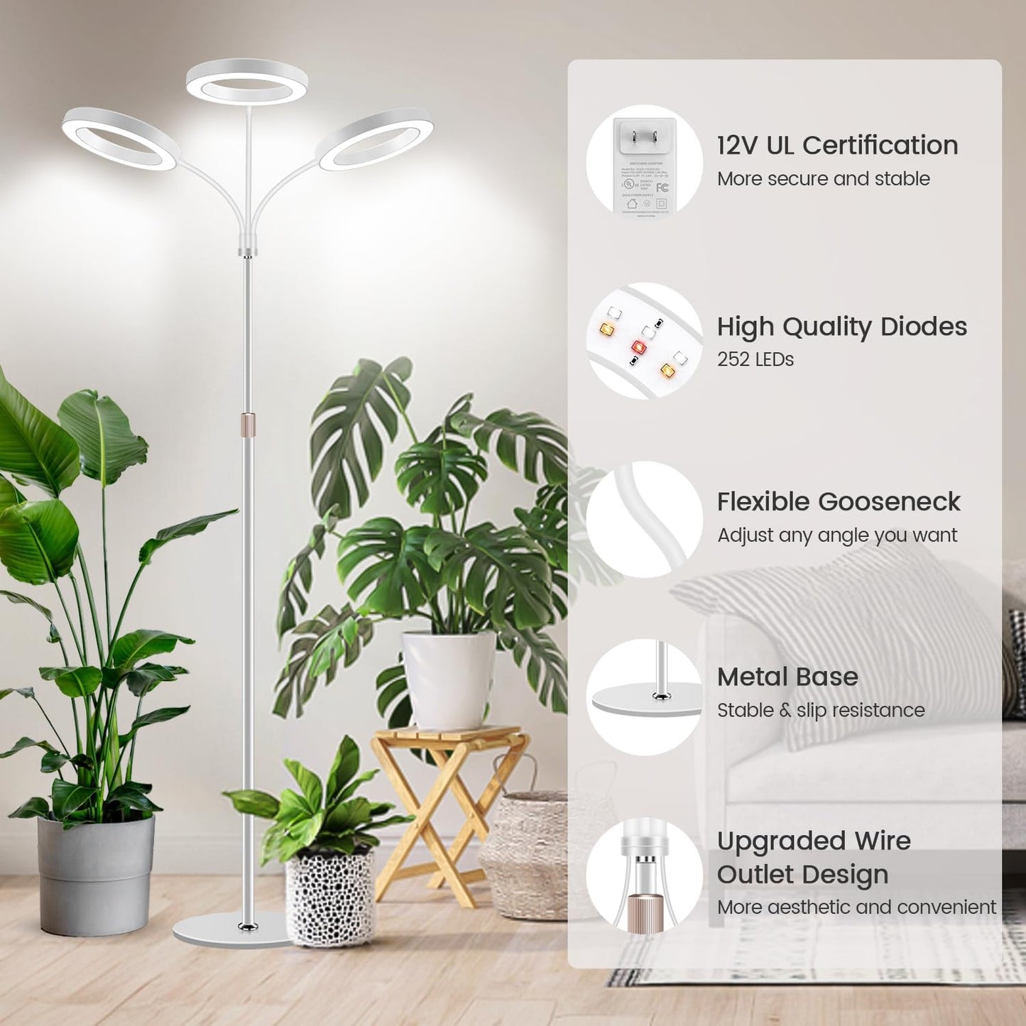 Garpsen Floor Plant Light, Full Spectrum 252 LEDs Grow Light for Indoor Plants with Base, 3 Color Modes & 5 Dimmable, Timer 6/12/16H Grow Lamp with 67''Height Adjustable, 3-Head-White