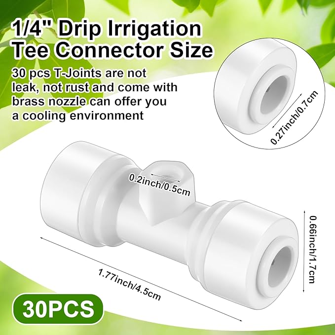 30 Pcs 1/4" Drip Irrigation Tee Connectors for Tube Quick Connect Parts Fittings for 1/4 Inch(6.35mm) Irrigation Tubing or Sprinkler(White,Misting Nozzle)