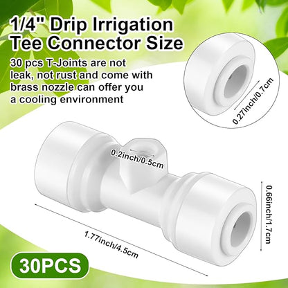 30 Pcs 1/4" Drip Irrigation Tee Connectors for Tube Quick Connect Parts Fittings for 1/4 Inch(6.35mm) Irrigation Tubing or Sprinkler(White,Misting Nozzle)