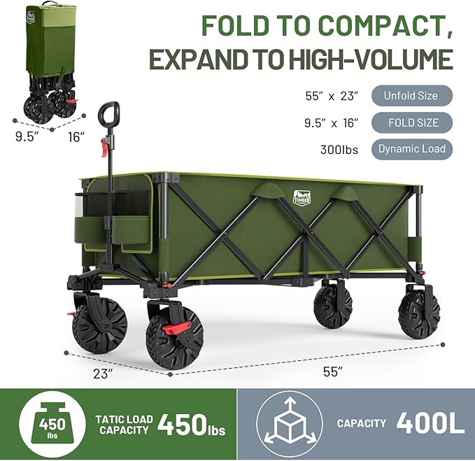 Timber Ridge 51.2'' Extended Collapsible Wagon Cart with Brakes and Cargo Net, Heavy Duty Foldable Utility Wagon with Adjustable Handle, 400L Capacity Portable Cart for Camping Sports Shopping