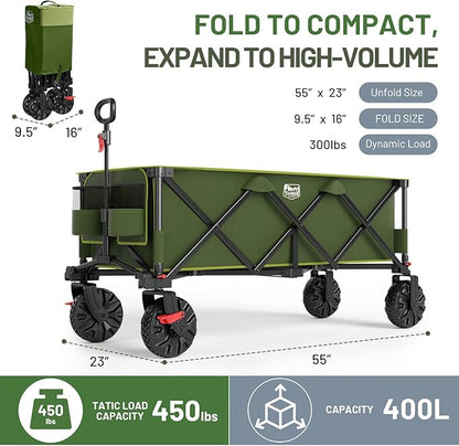 Timber Ridge 51.2'' Extended Collapsible Wagon Cart with Brakes and Cargo Net, Heavy Duty Foldable Utility Wagon with Adjustable Handle, 400L Capacity Portable Cart for Camping Sports Shopping