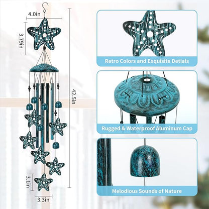 Starfish Wind Chimes for Outside, Large Starfish Gifts for Women, Blue Marine Animal Wind Chime, Metal Starfish Decor, 40" Outdoor Garden Decor for Lawn, Porch, Patio, Yard