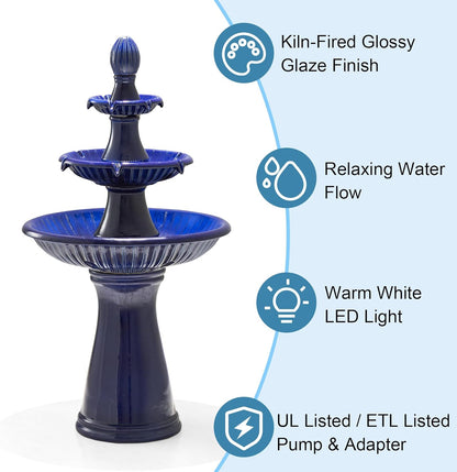 Glitzhome Outdoor Fountain and Waterfalls 3 Tier Patio Fountains, 45.25" H Ceramic Water Fountain with Pump & LED Light Garden Outdoor Floor Stand Fountains for Backyard Deck Lawn Porch, Cobalt Blue