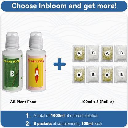inbloom Hydroponic Nutrients (1000 ml in Total), Hydroponics Plant Food A&B for Aerogarden, Indoor Plant Fertilizer for Hydroponics Growing System Kit, Gardening Supplies for iDoo, Ahopegarden, Mugfa