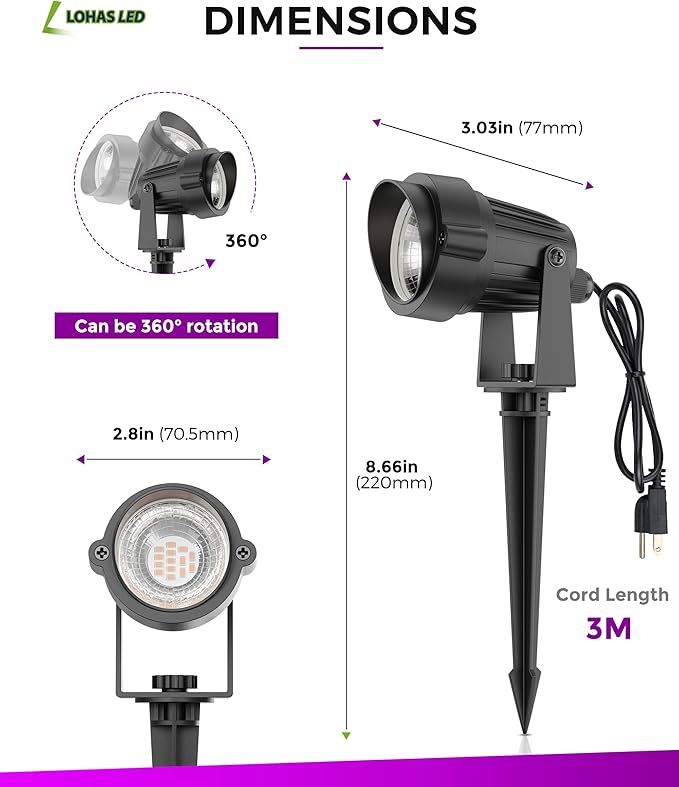 LOHAS Landscape Purple Light, Spot Lights Outdoor, 10W Dusk to Dawn Sensor LED Spotlights for Yard, IP66 Waterproof Pathway Outside Lights, 9.84-ft Cord, Lawn Decor Lamp, UL Listed,2 Pack