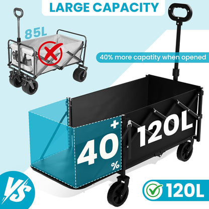 Collapsible Wagon with Tailgate, Wagons Foldable with 350lbs Capacity, Lightweight Portable Utility Wagon Cart for Shopping Camping Sports Garden (Black)