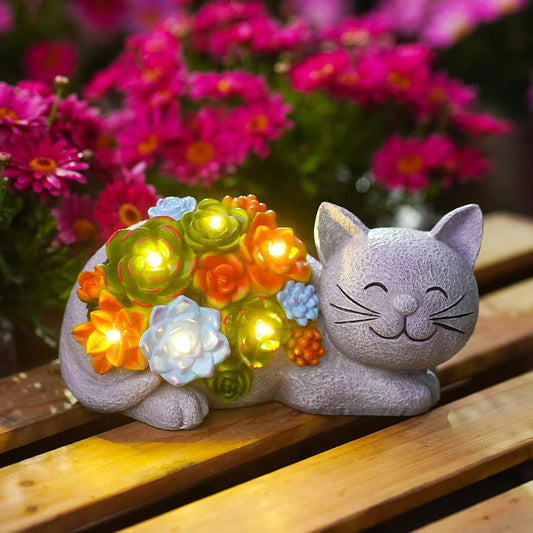 Solar Cat Garden Statue for Outdoor: Outside Sculpture Art Decor Yard Lawn Porch Backyard Ornament- Ideal Gifts for Mom Mother Women